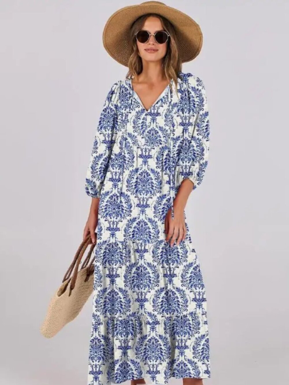 Boho Blue and Neutral Damask Tiered Maxi Dress